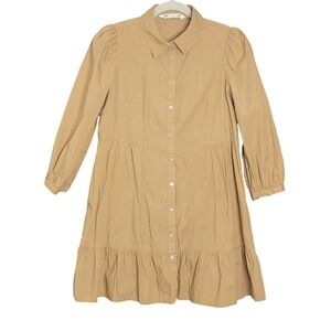 Zara Shirtdress Womens XS Tan Long Sleeve Tiered Mini Poplin Cotton Cotagecore